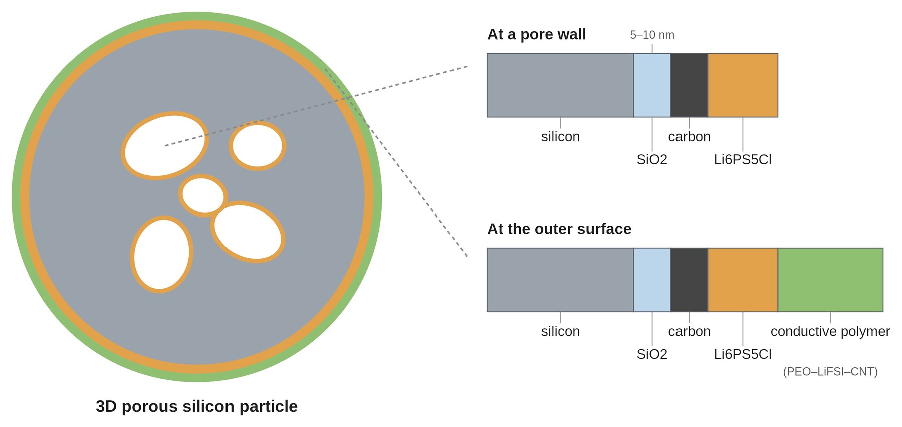 Schematic cross-section of a four-layer-coated 3D porous silicon particle